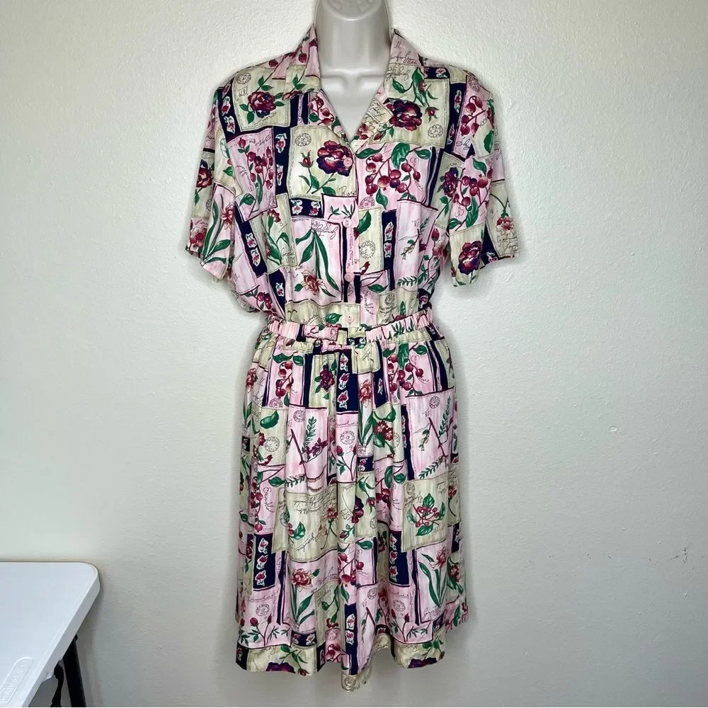 Vintage Pendleton Short Sleeve Camp Shirt Elastic Skirt Set Floral Rayon Women 6